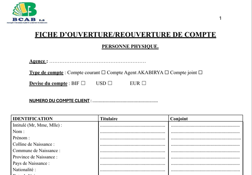 FICHE D’OUVERTURE/REOUVERTURE DE COMPTE POUR UNE PERSONNE PHYSIQUE.